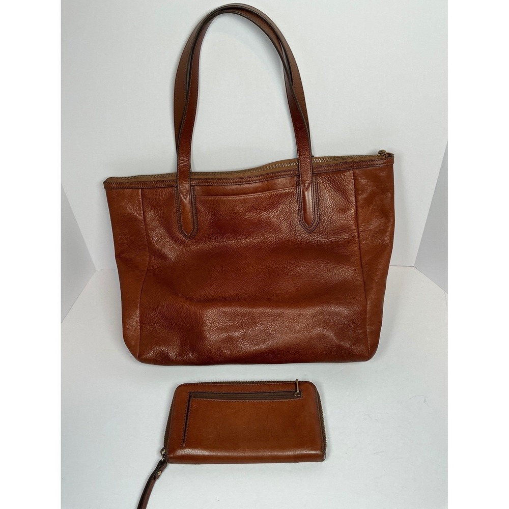 Fossil Rachel Tote and Zip Around Wallet Set Brown Pebbled Leather Cognac Brass - Picture 2 of 11